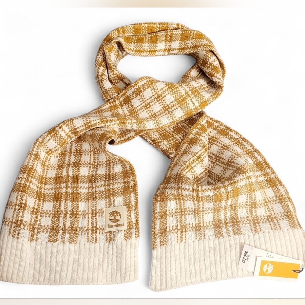 Timberland Scarf One Size Wheat Plaid NWT Tan Ivory Cream Winter Warm Soft